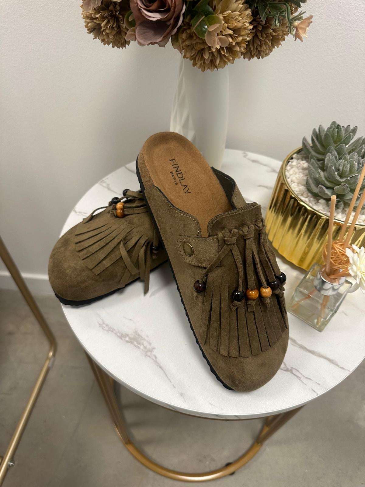 Mules franges kaki