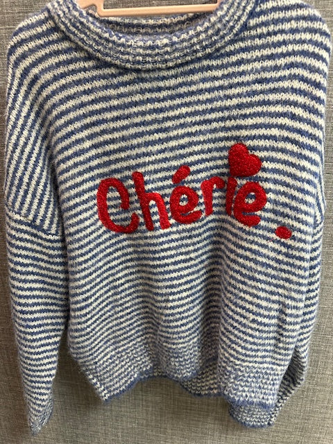 Pull Maille «Chérie» Bleu & Blanc