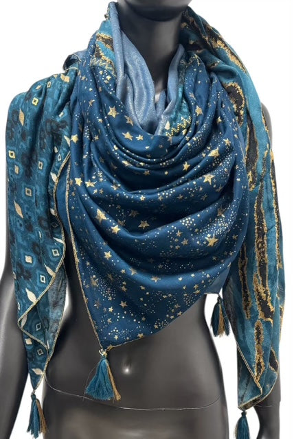 Foulard Patchwork Bleu Canard Doré