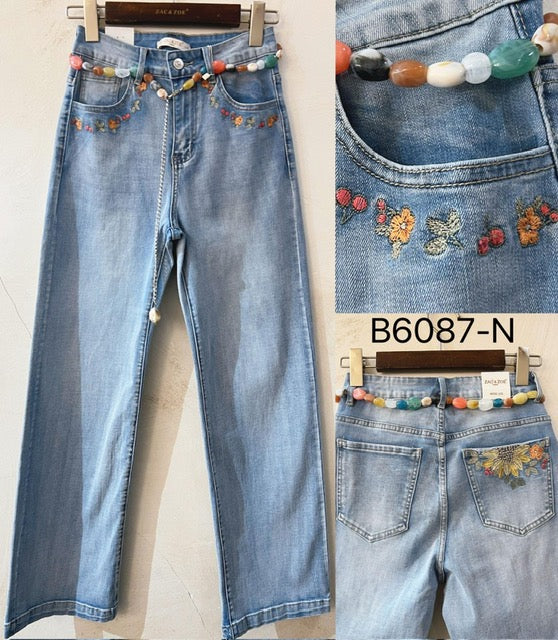 Jean Brodé Fleurs Ceinture Perles